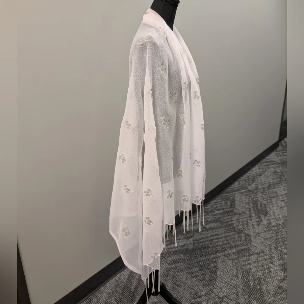 Aremar White Fish Print Scarf Tassel Trim Sheer Novelty Coastal
